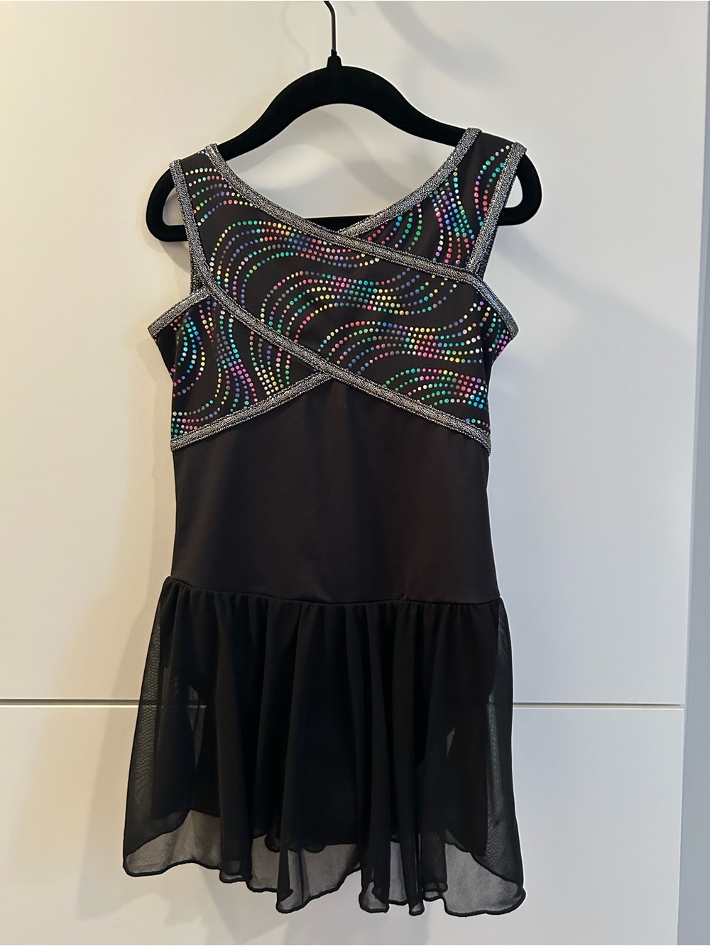 Capezio Black Dance Dress with Multicolor Sparkle Swirls S/CH - Picture 2 of 9